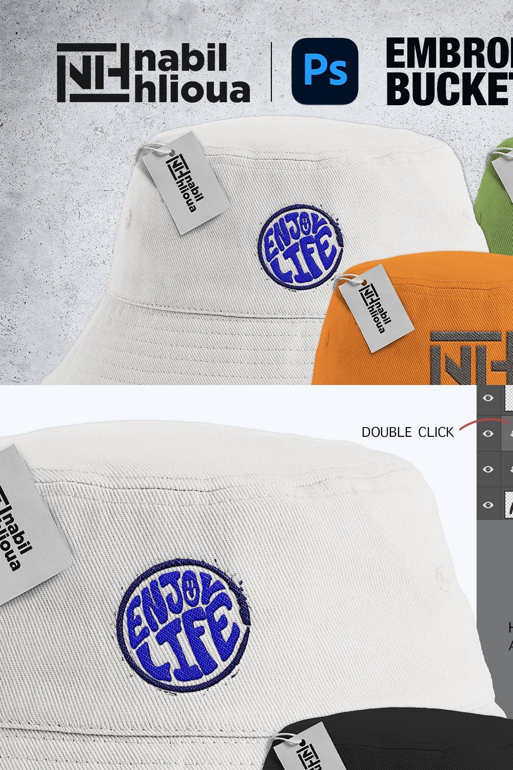embroidery bucket hat PSD Mockup pinterest preview image.