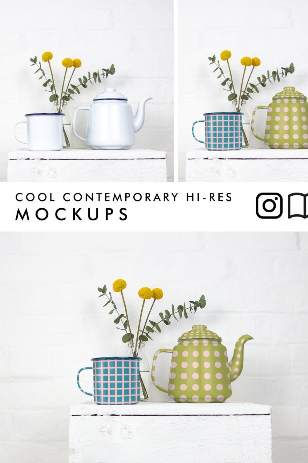 Enamel teapot and mug mockup pinterest preview image.