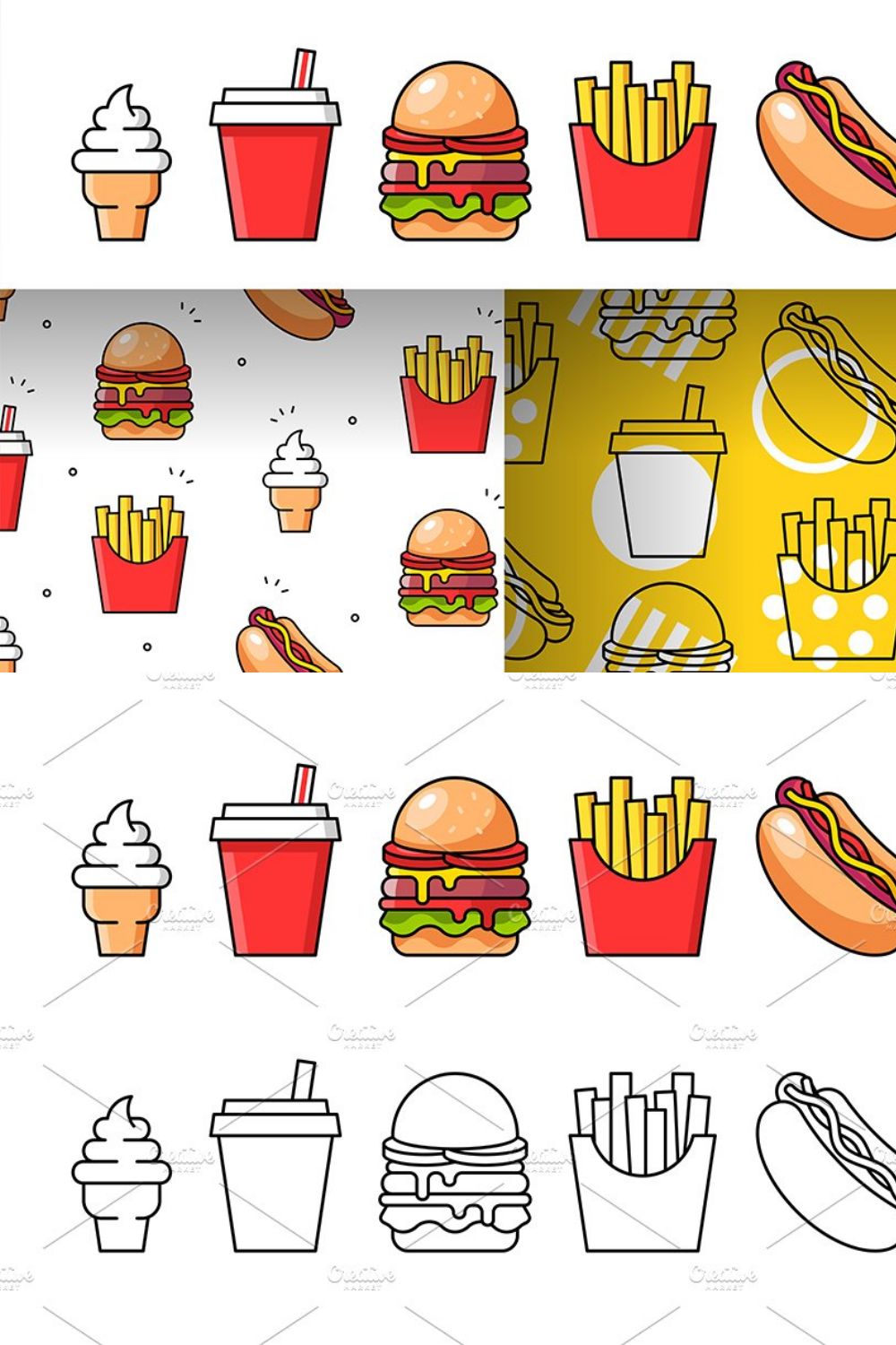 Fast Food Icon + pattern pinterest preview image.