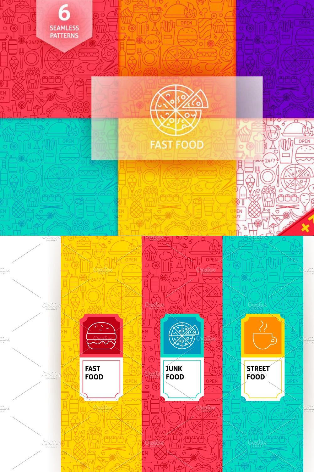 Fast Food Line Seamless Patterns pinterest preview image.