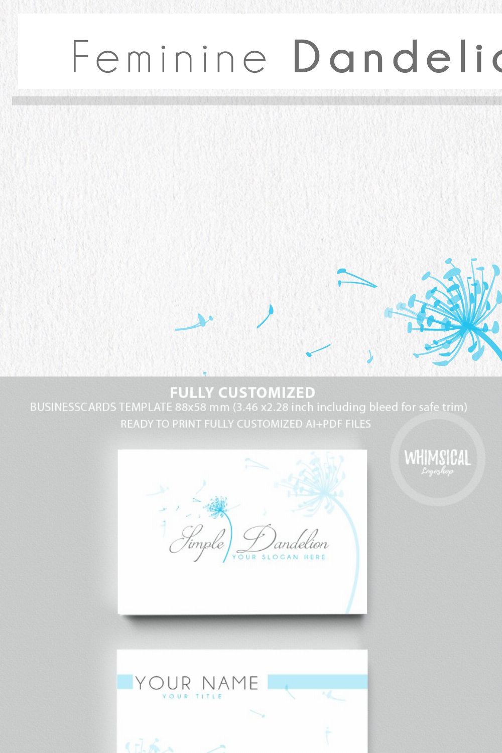 Feminine Dandelion logo businesscard pinterest preview image.