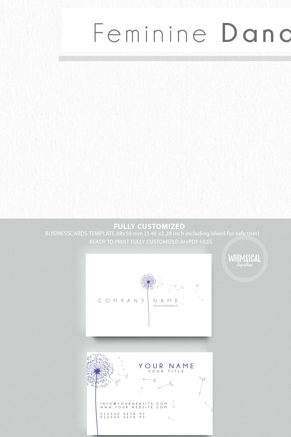 Feminine Dandelion logo+Businesscard pinterest preview image.