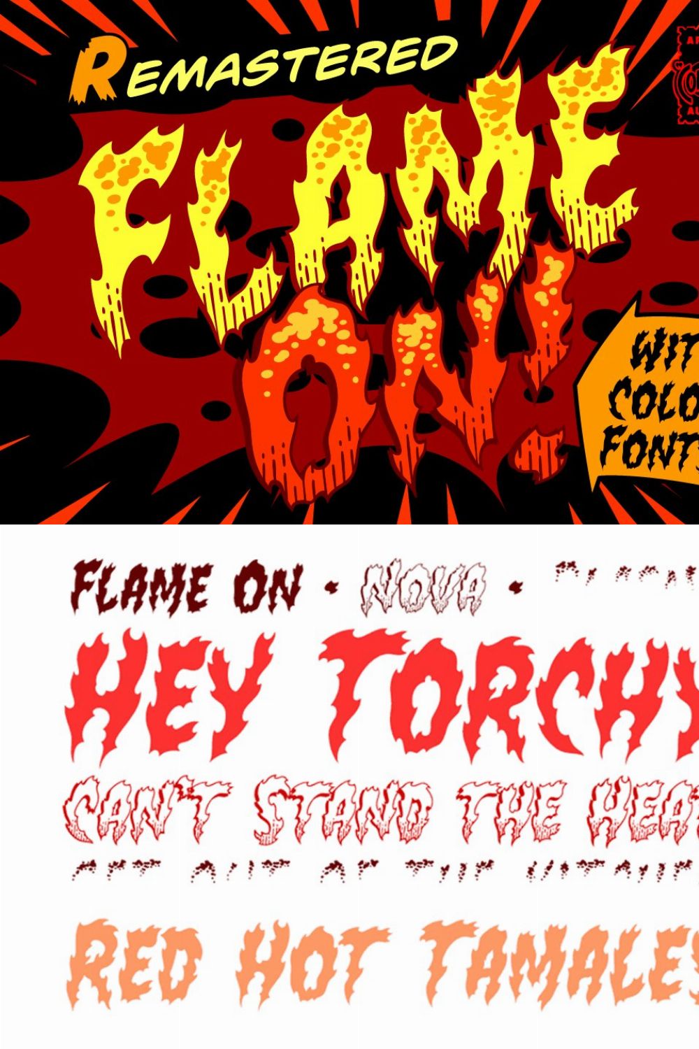 Flame On - firey comic FX color font pinterest preview image.