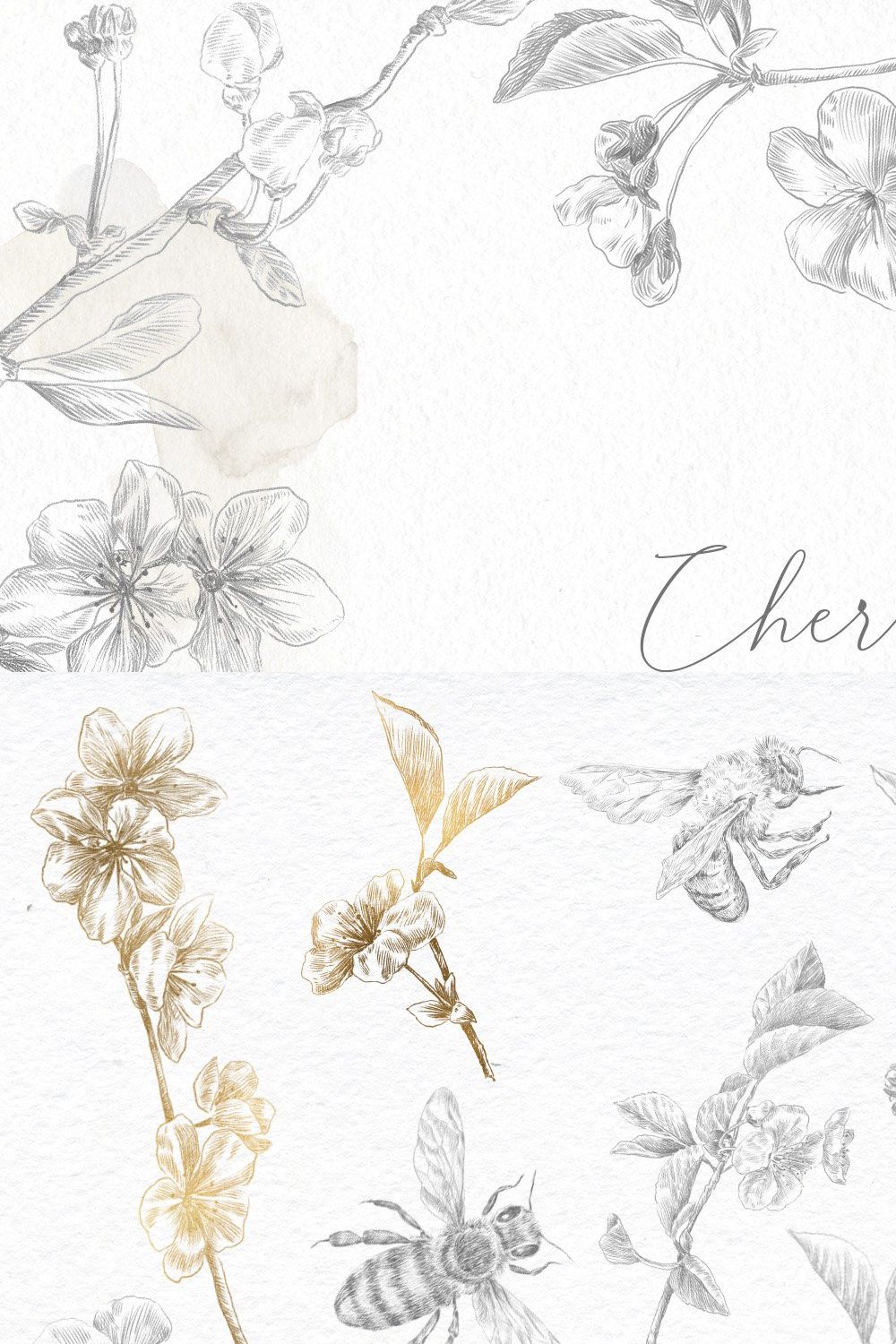 Floral fine art, bee pencil drawing pinterest preview image.