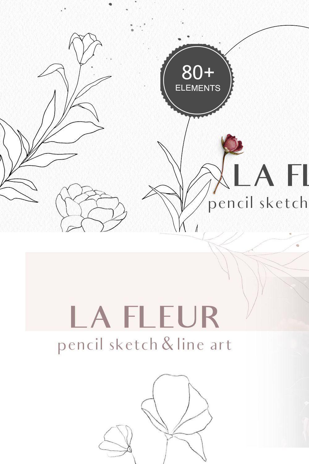 Floral Pencil Sketches Line Art pinterest preview image.