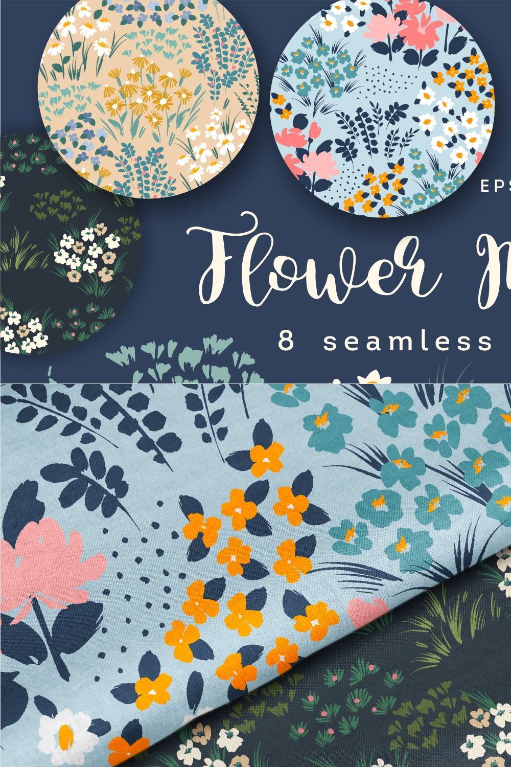 Flower Meadow. 8 seamless patterns pinterest preview image.