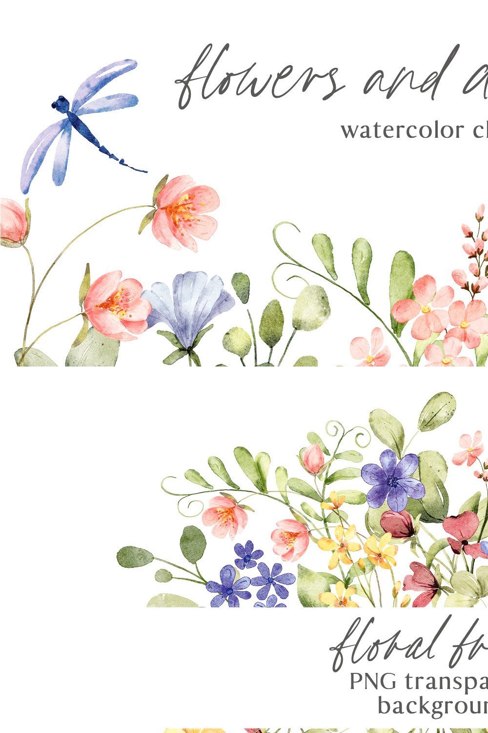 Flowers and dragonflies. pinterest preview image.