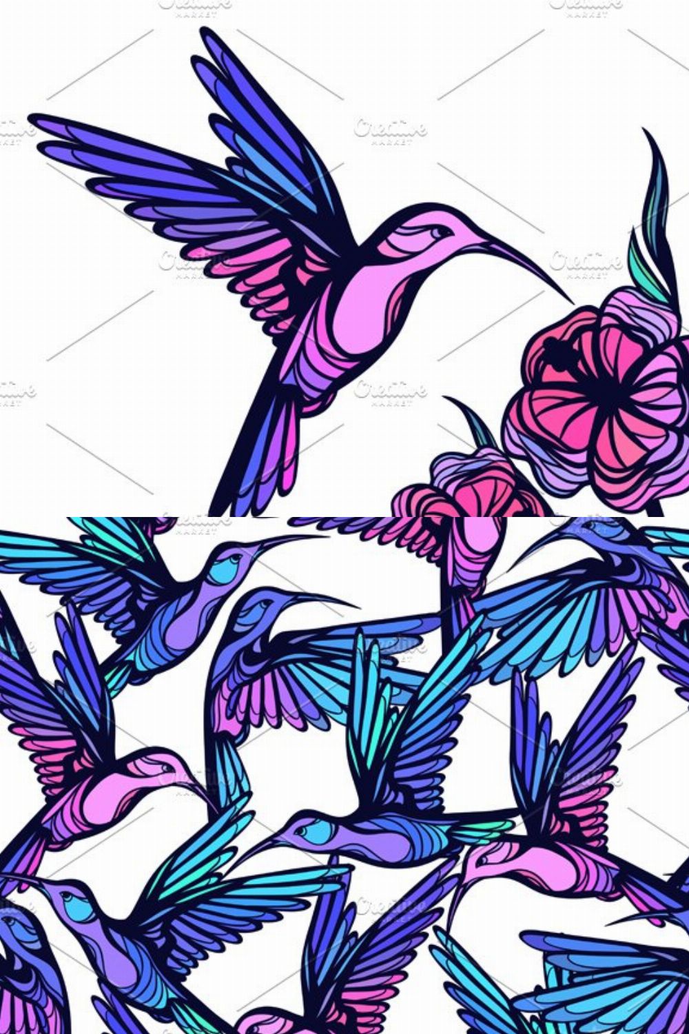 Flying tropical hummingbirds. pinterest preview image.