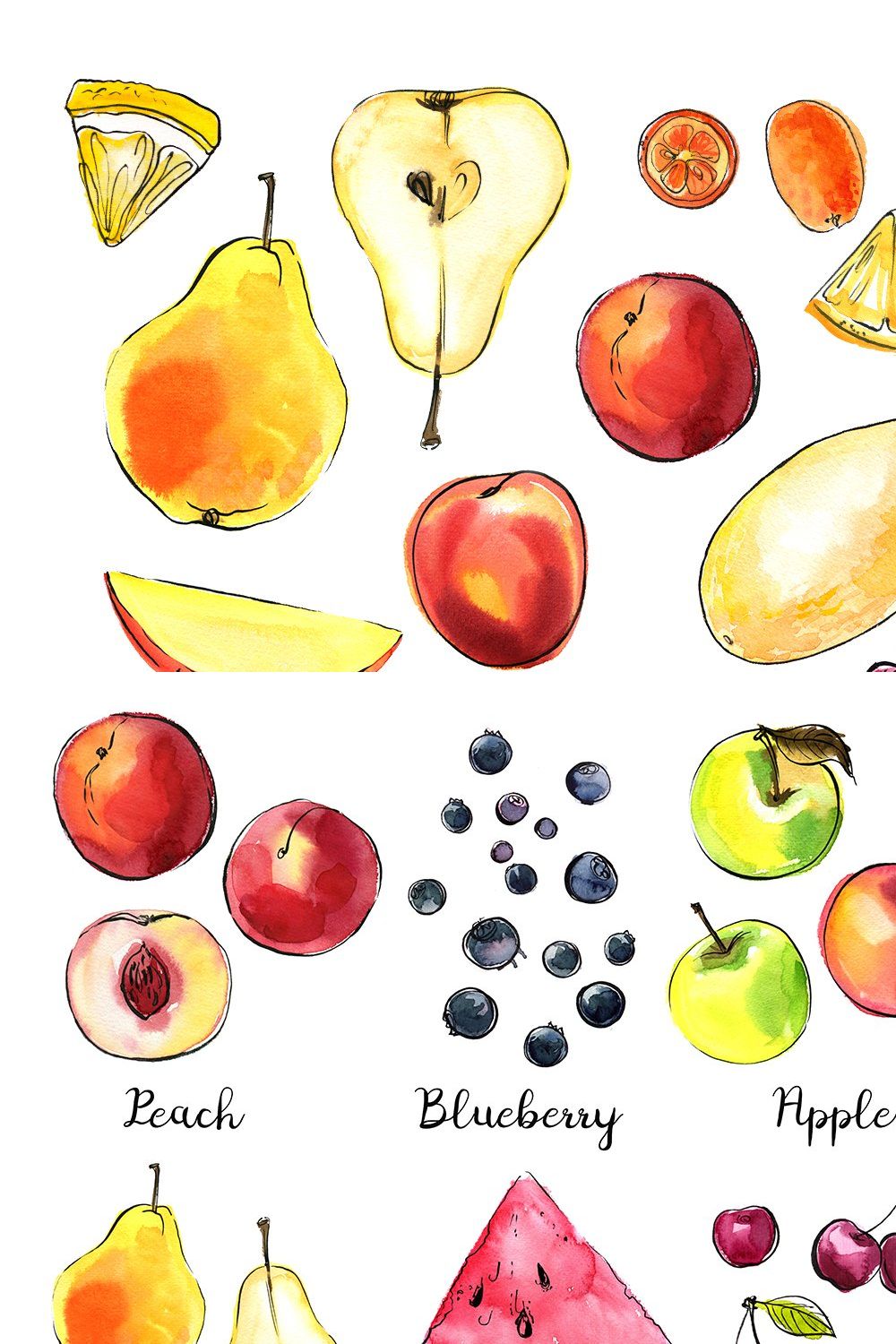 Food watercolor. Fruits and berries pinterest preview image.