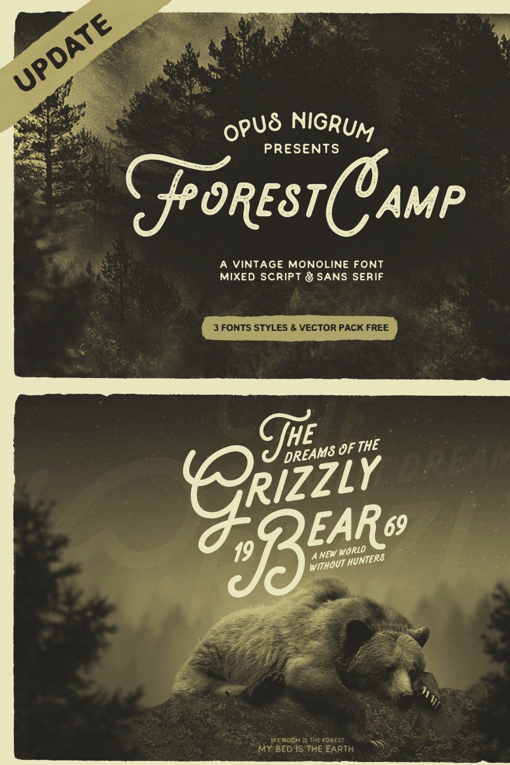 Forest Camp Font + Free Vector Pack pinterest preview image.