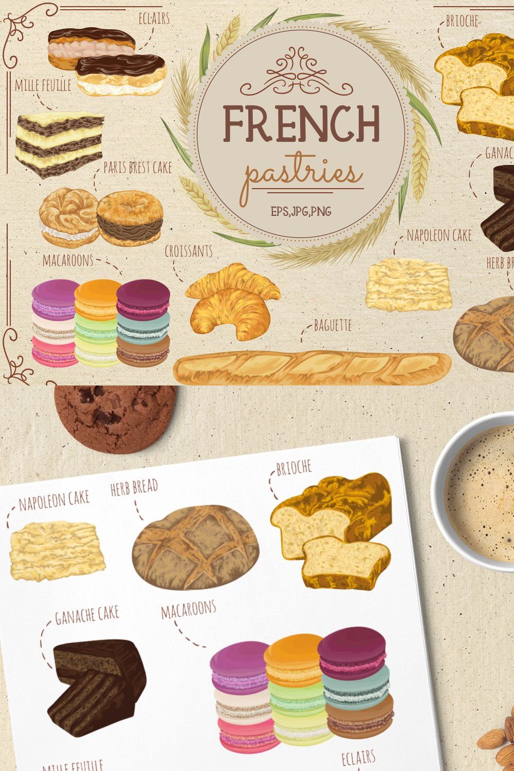 French pastries vector set pinterest preview image.