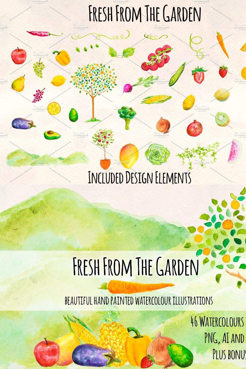 Fruit and Vegetable Watercolor Kit pinterest preview image.