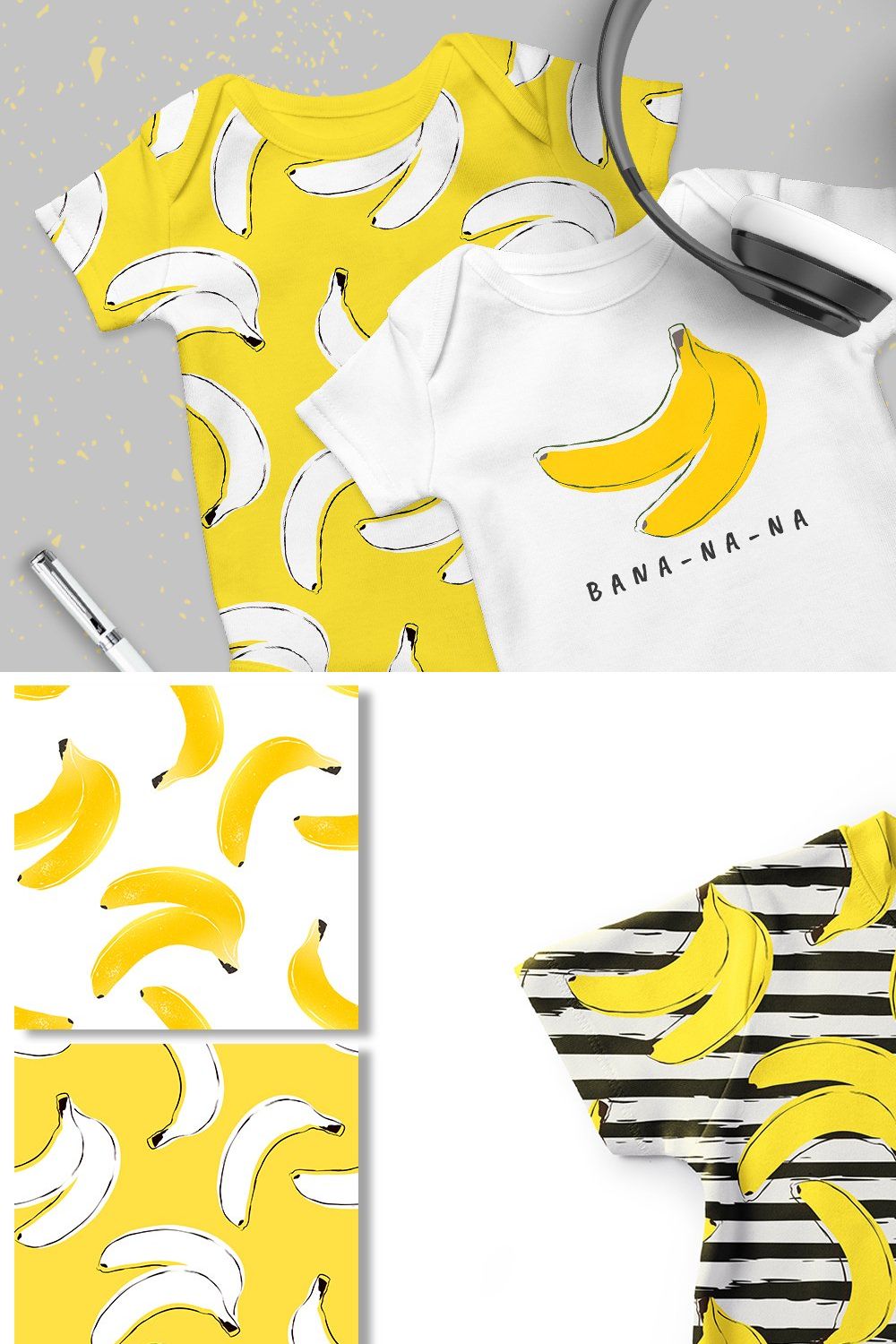 Fruit patterns. Sweet yellow bananas pinterest preview image.