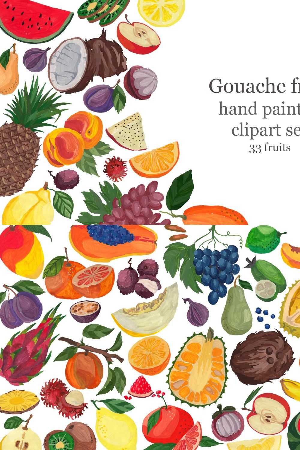 Fruit set, hand-painted, gouache pinterest preview image.