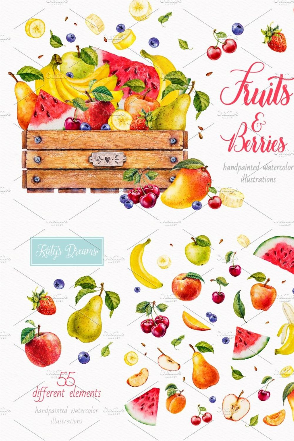 Fruits and berries. Watercolor. pinterest preview image.