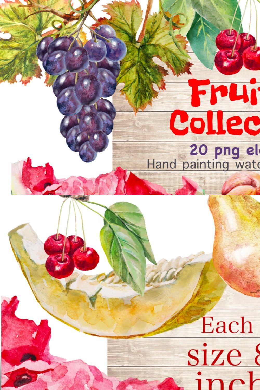 Fruits collection, watercolor set pinterest preview image.