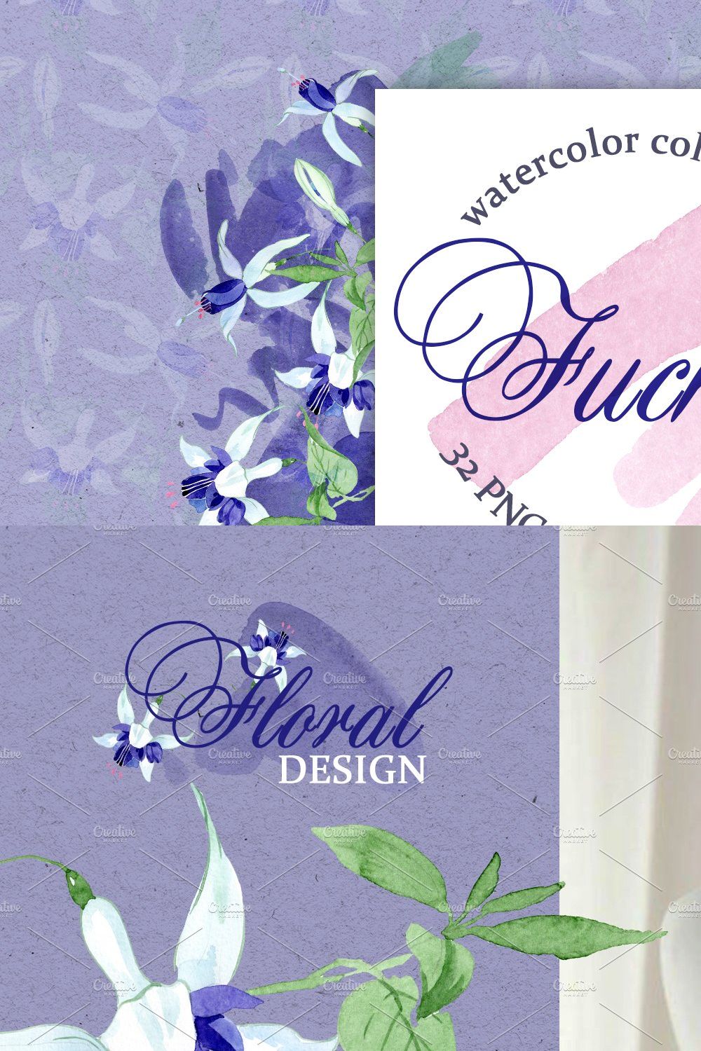 Fuchsia blue Watercolor png pinterest preview image.