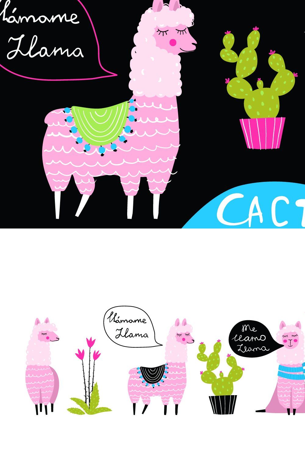 Funny llamas and cacti collection pinterest preview image.