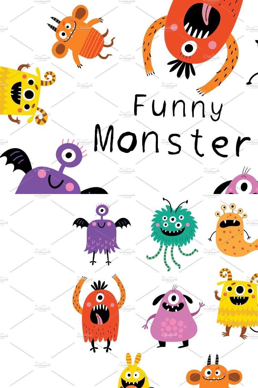Funny Monsters vector set pinterest preview image.