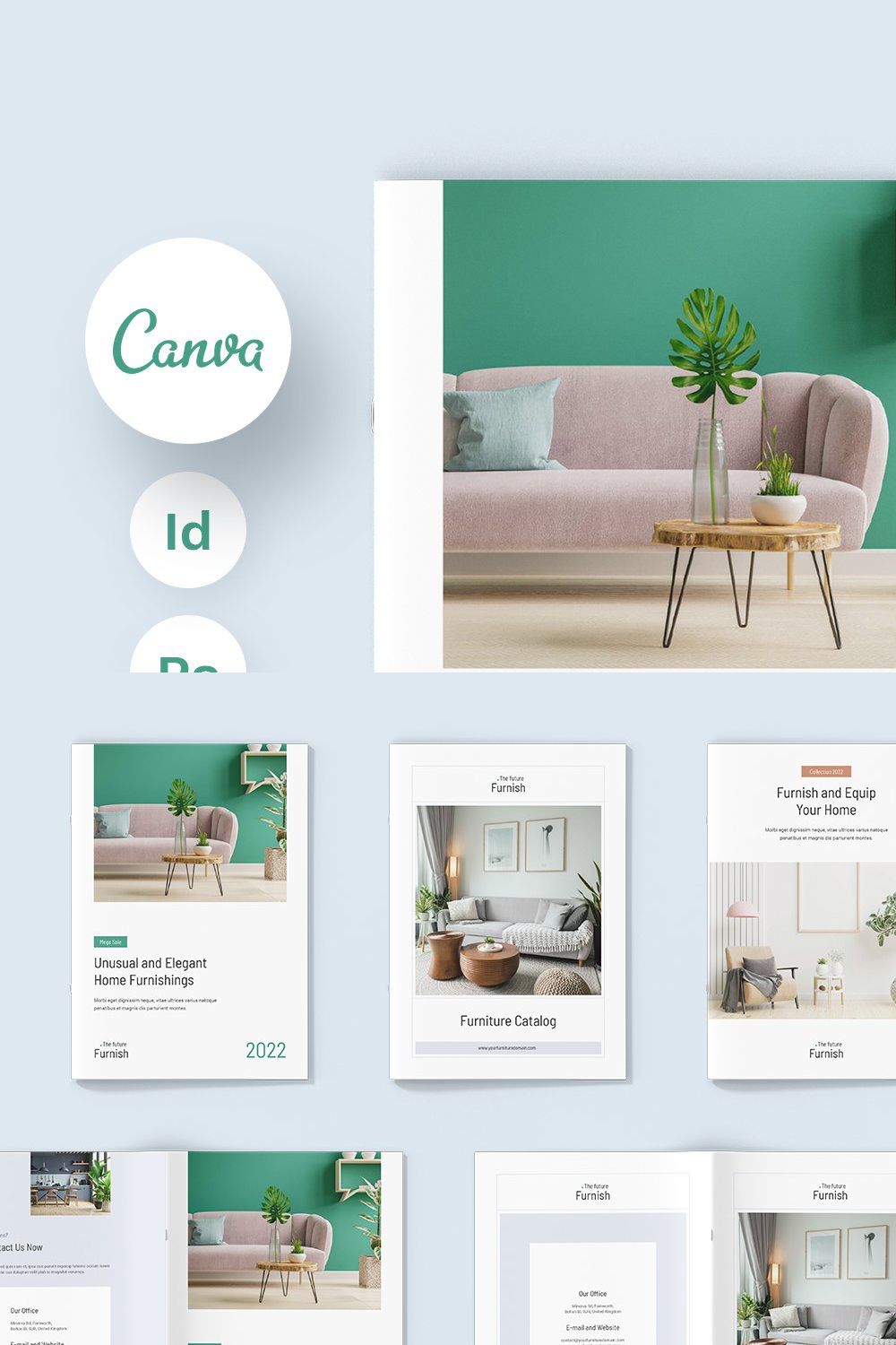 Furniture Product Catalog Canva pinterest preview image.