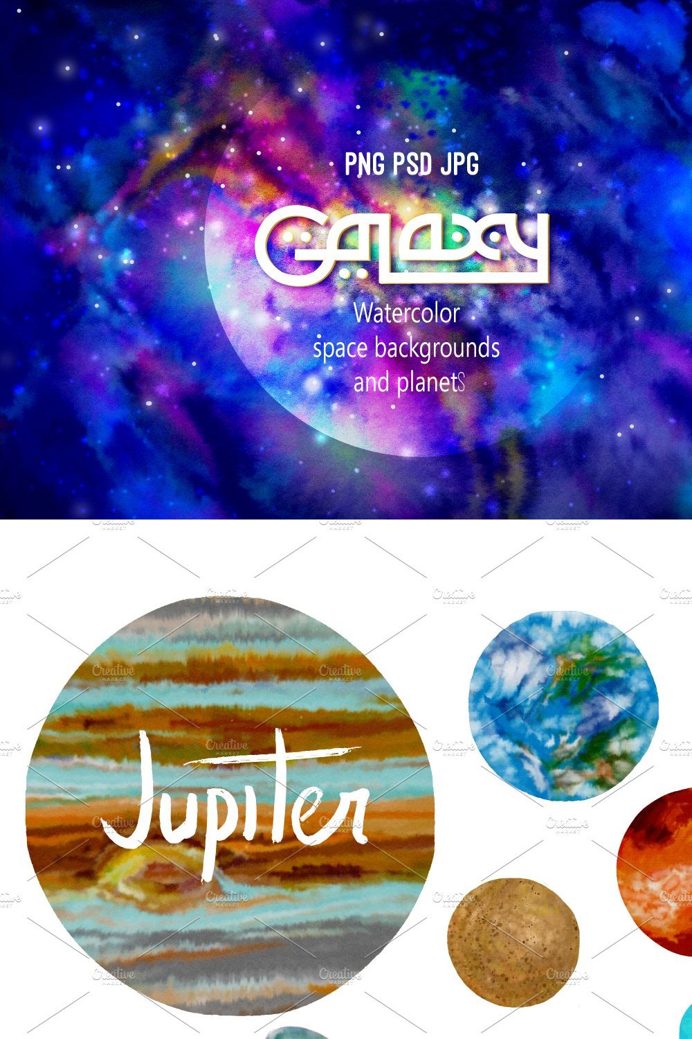 "GALAXY"watercolor cosmic background pinterest preview image.