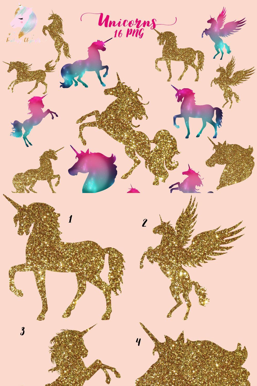 Gold Glitter and Galaxy Unicorns pinterest preview image.