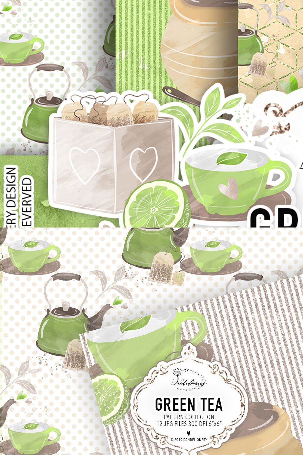 Green Tea digital paper pack pinterest preview image.
