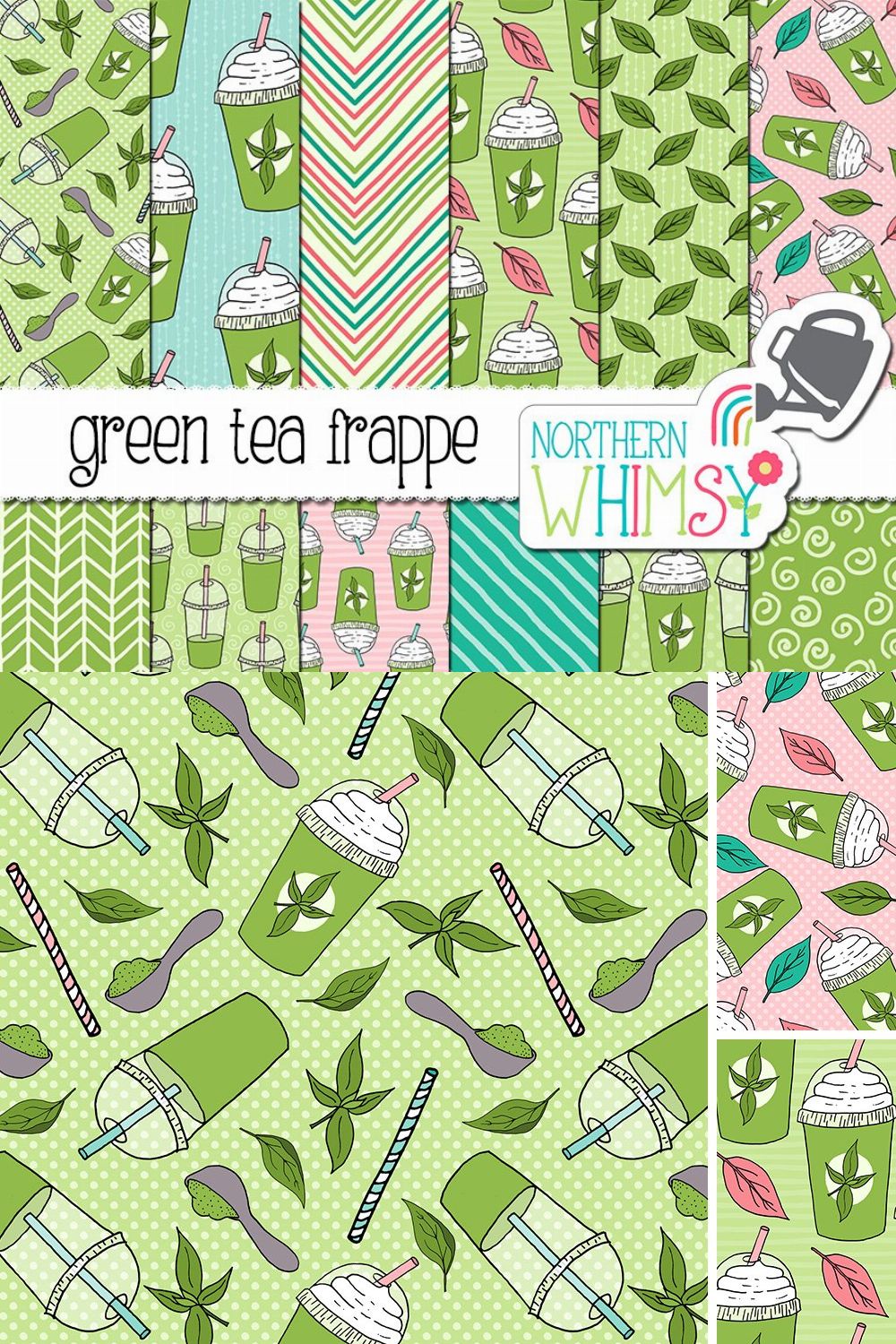 Green Tea Frappe Seamless Patterns pinterest preview image.