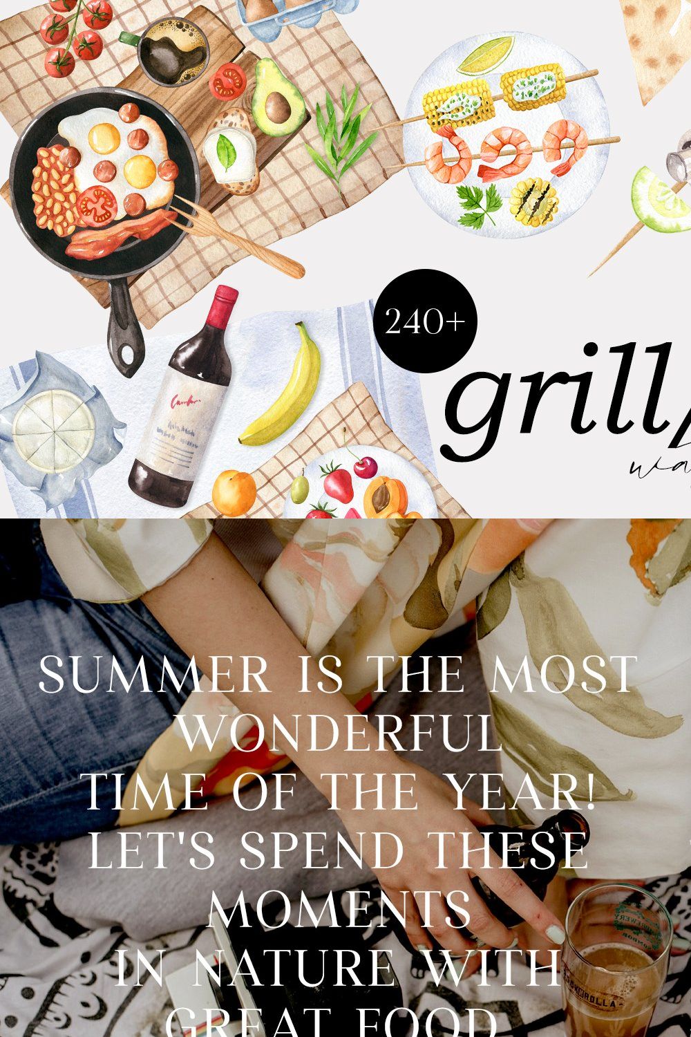 Grill and Picnic watercolor set pinterest preview image.