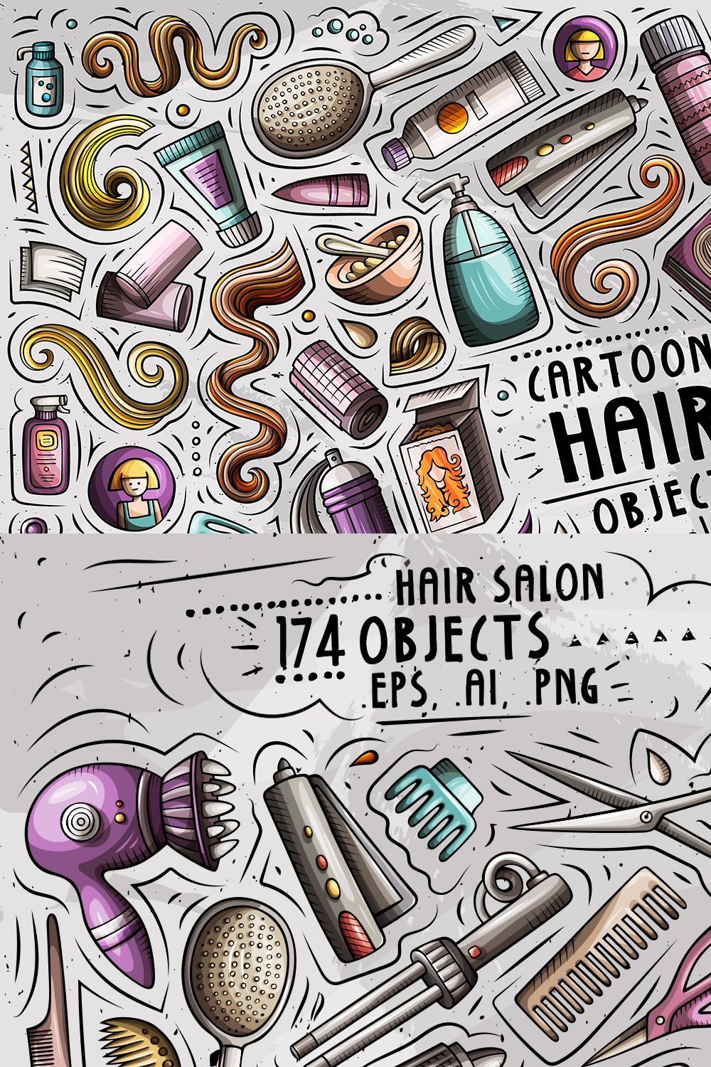 Hair Salon Cartoon Objects Set pinterest preview image.