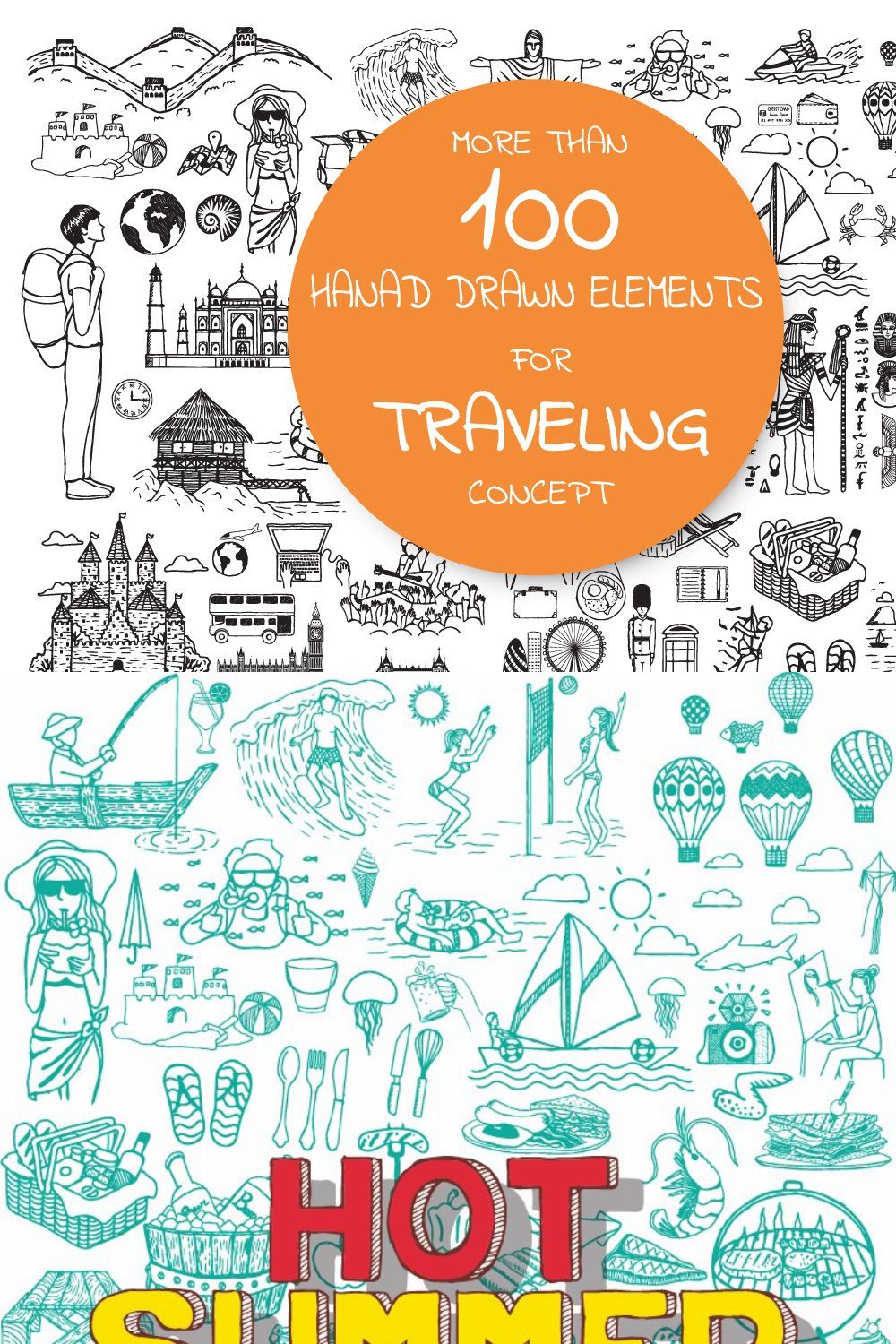 Hand drawn icons about traveling pinterest preview image.