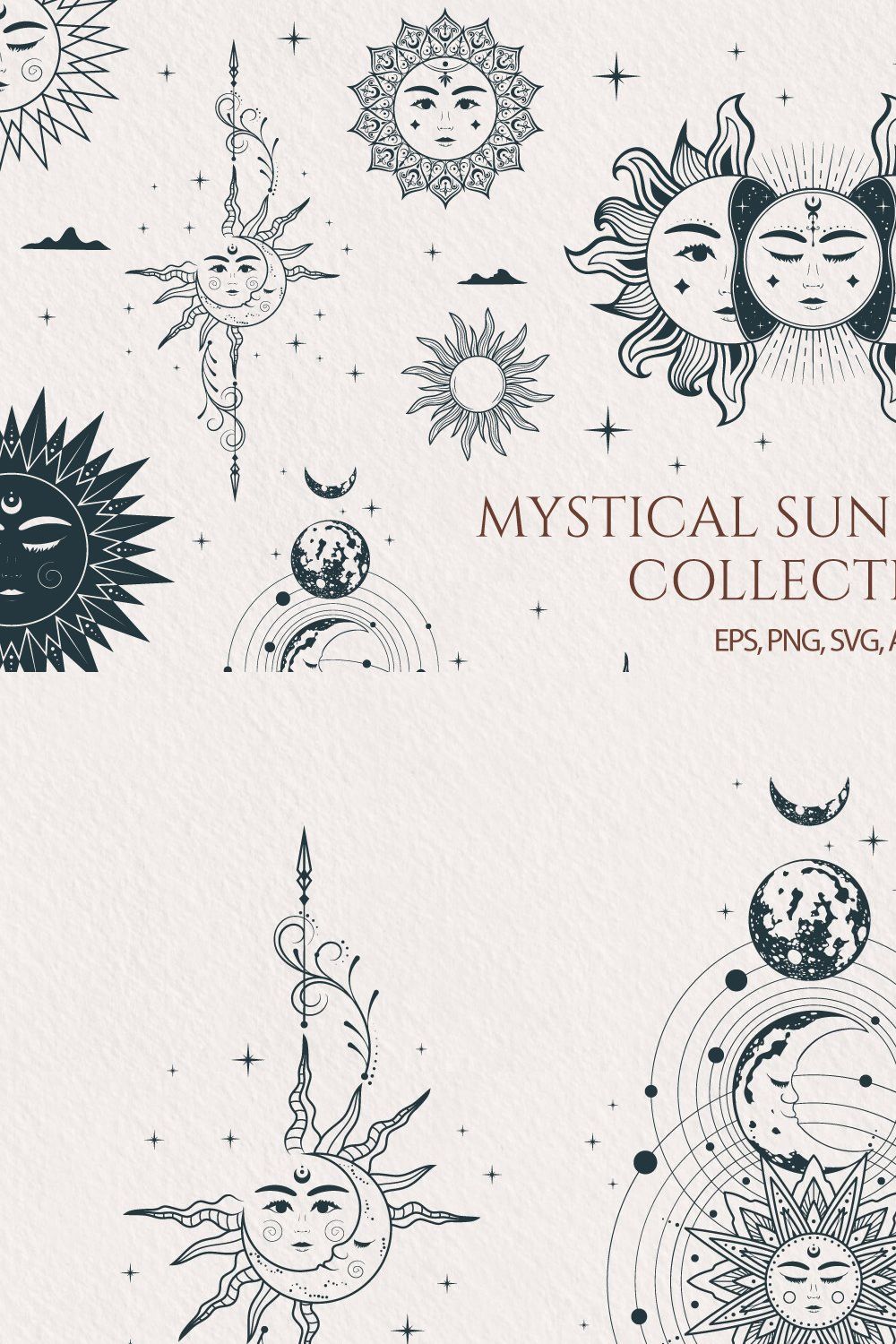 Hand drawn Mystical Sun & Moon Set pinterest preview image.
