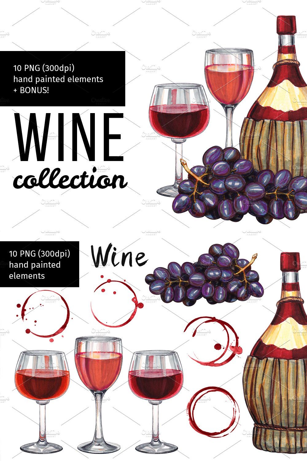 Hand drawn wine illustration. pinterest preview image.