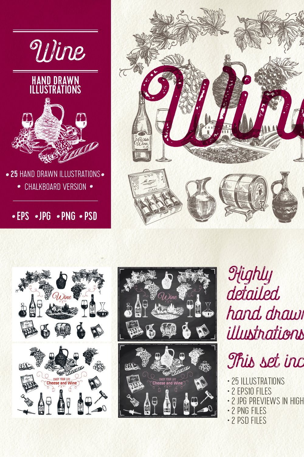 Hand drawn wine illustrations pinterest preview image.