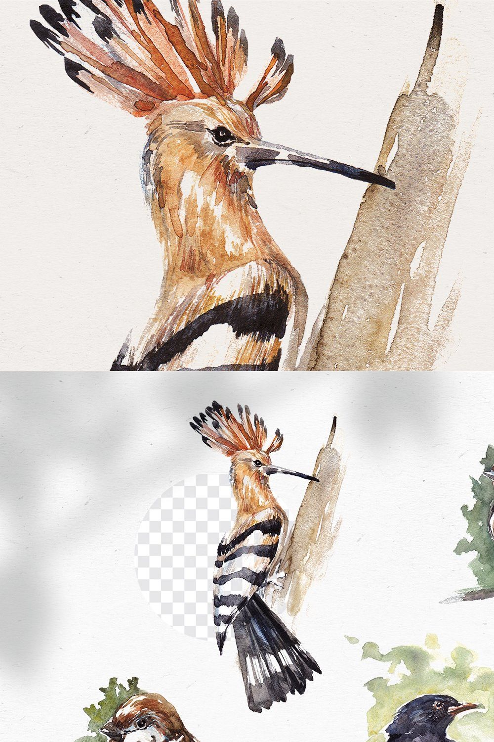 Handdrawn watercolor birds pinterest preview image.