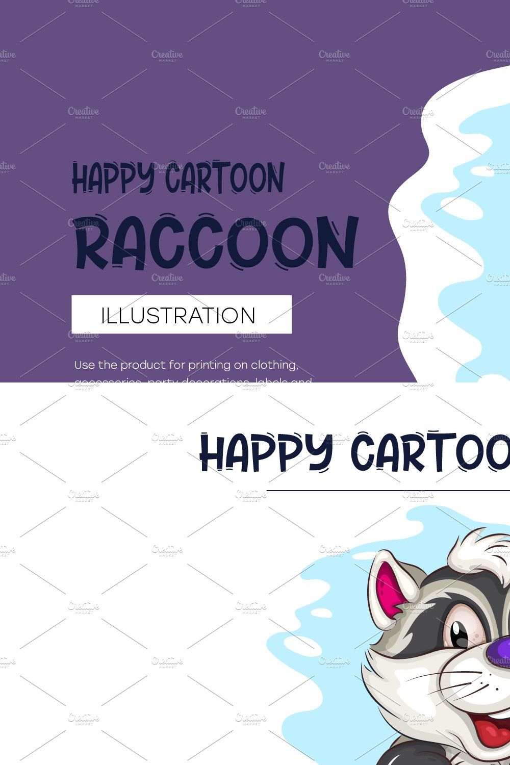 Happy Cartoon Raccoon. T-Shirt, SVG. pinterest preview image.