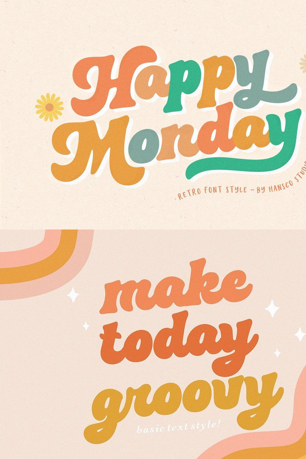 Happy Monday - Retro Groovy Fonts pinterest preview image.
