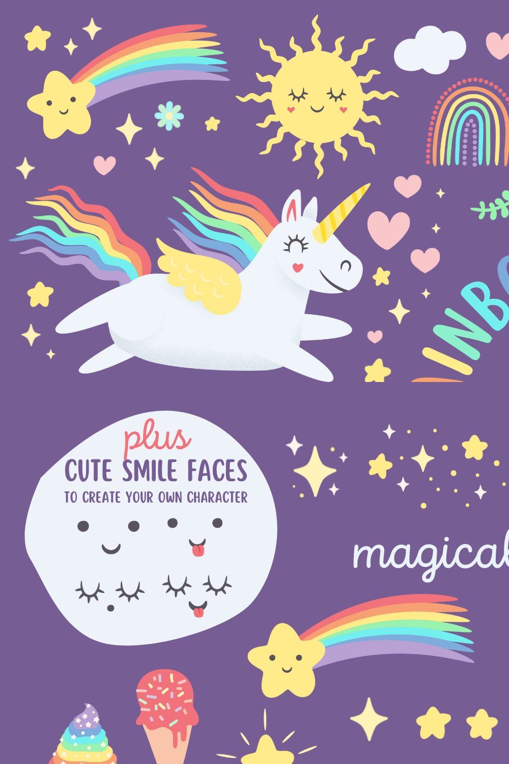 Happy Rainbow Unicorns Clipart Pack pinterest preview image.