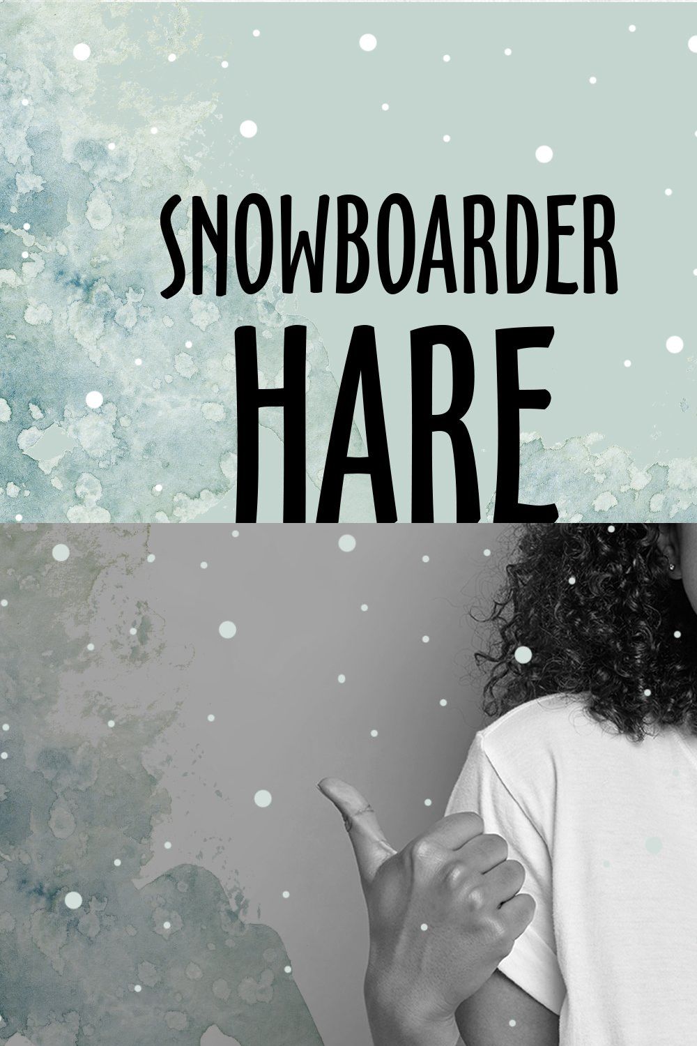 Hare on a snowboard. pinterest preview image.