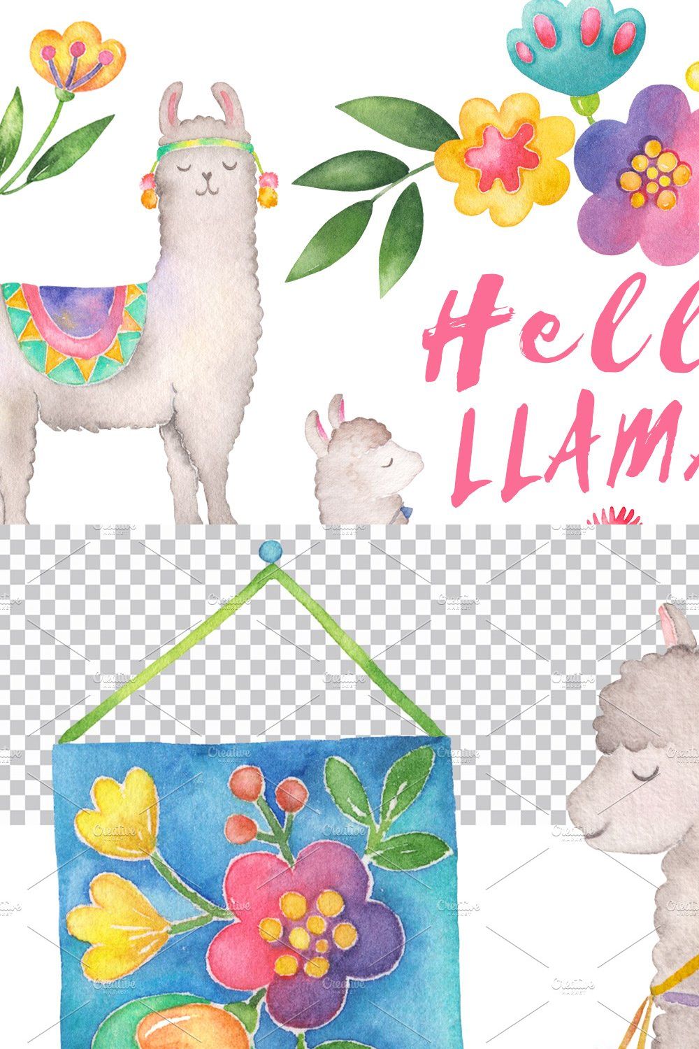 Hello, Llama watercolor clipart set pinterest preview image.