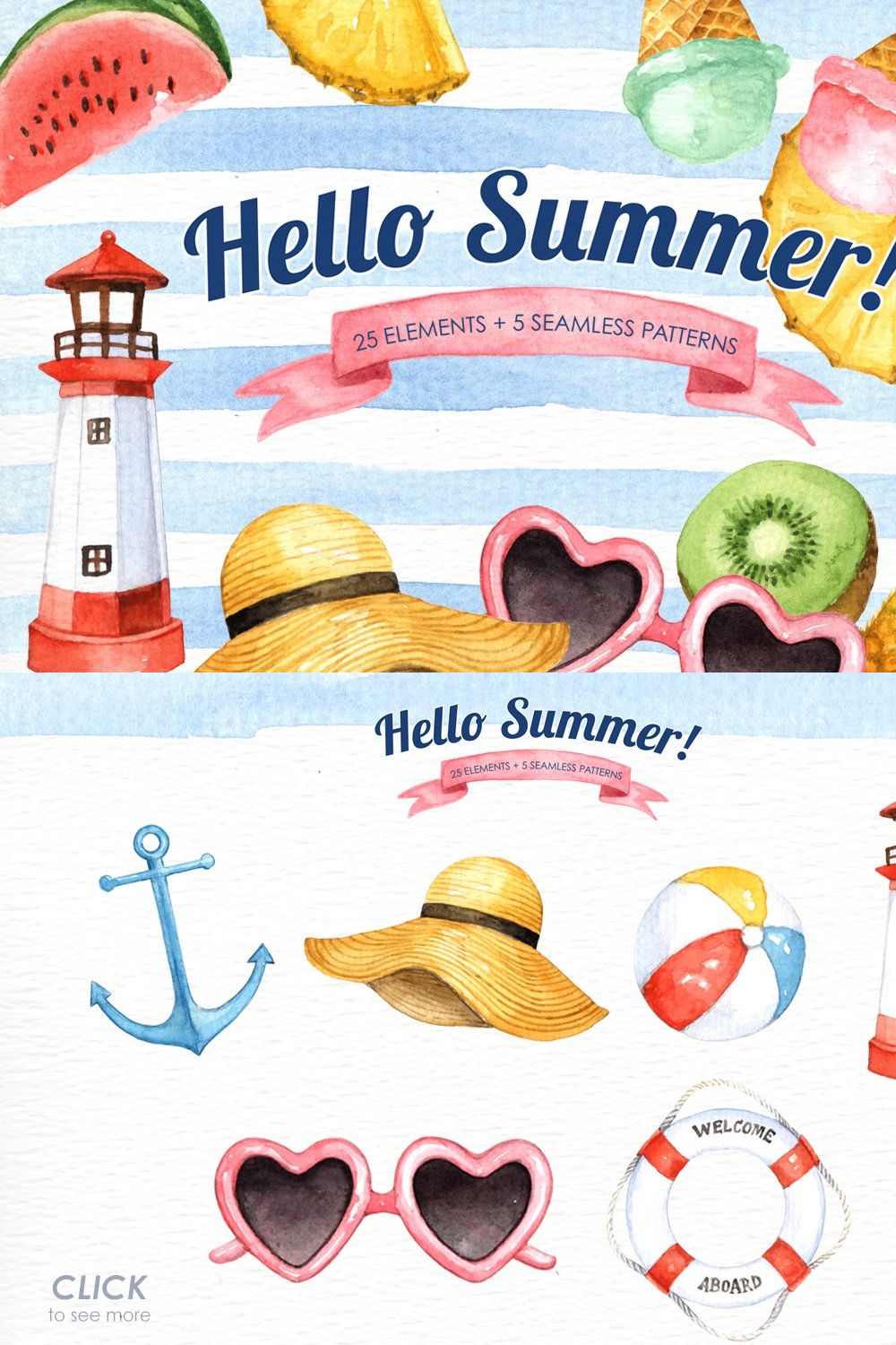 Hello Summer Watercolor Clipart pinterest preview image.