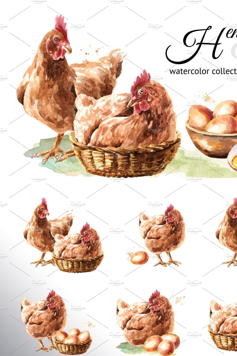 Hens & eggs. Watercolor collection pinterest preview image.