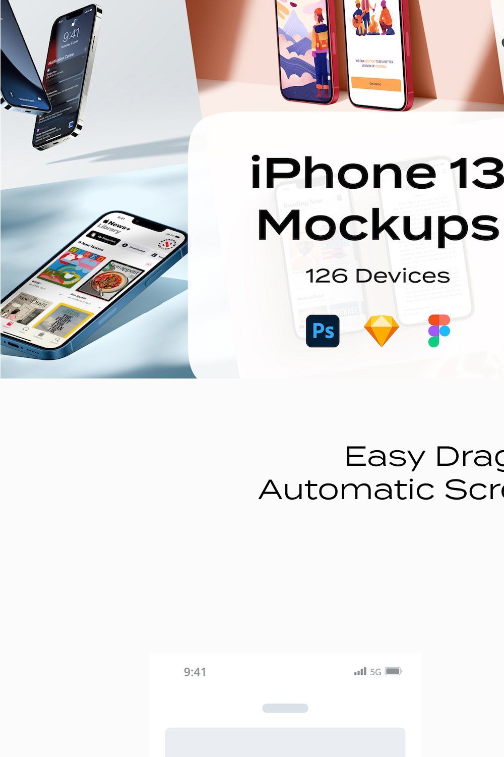 iPhone 13 mockup Psd Sketch Figma pinterest preview image.