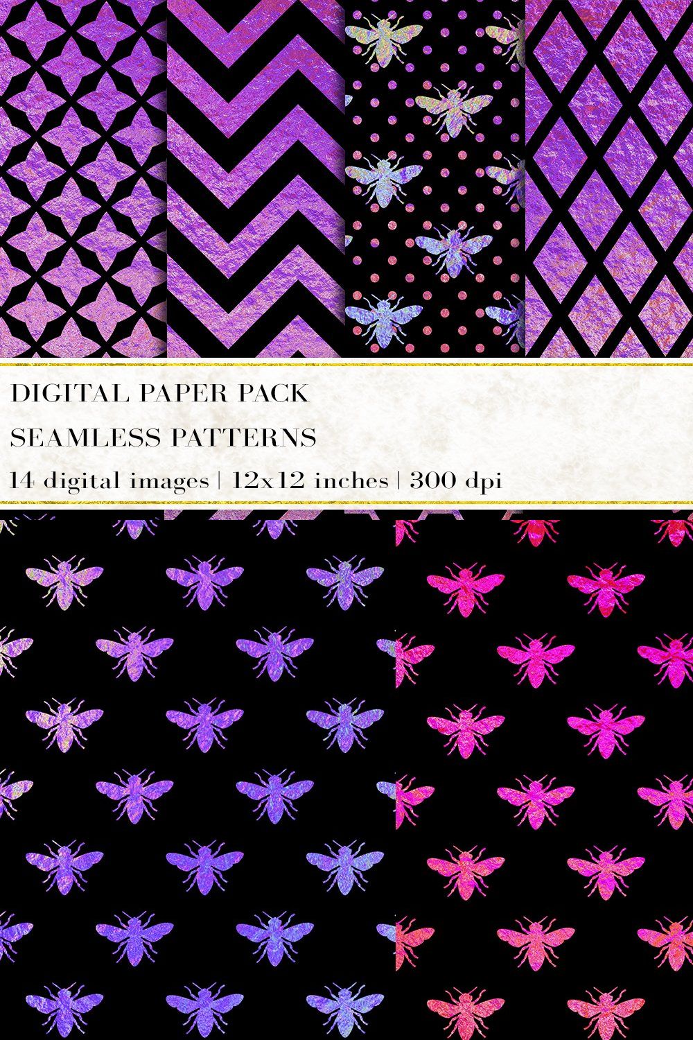 Iridescent Bee Digital Papers pinterest preview image.