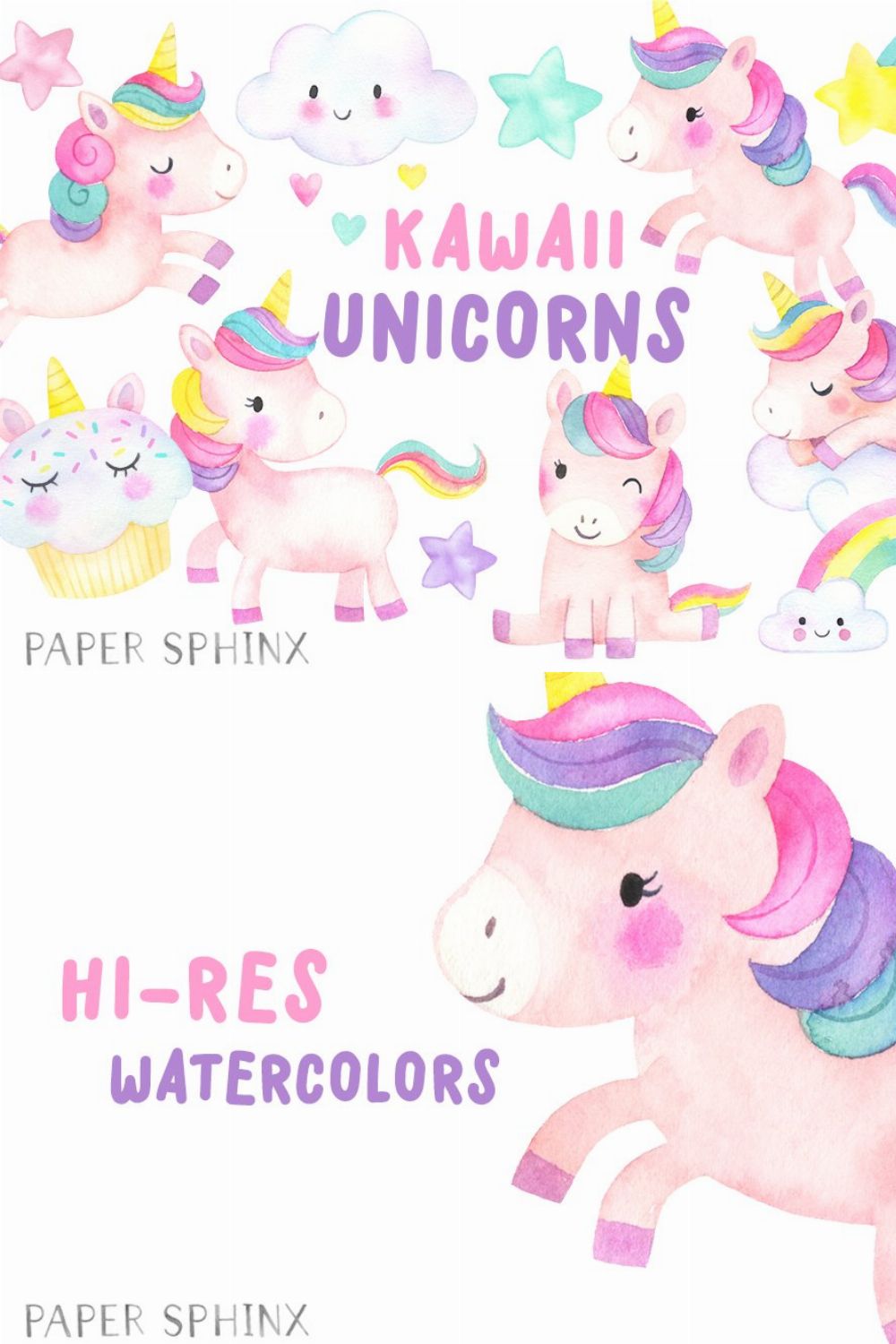 Kawaii Unicorns Clipart Pack pinterest preview image.