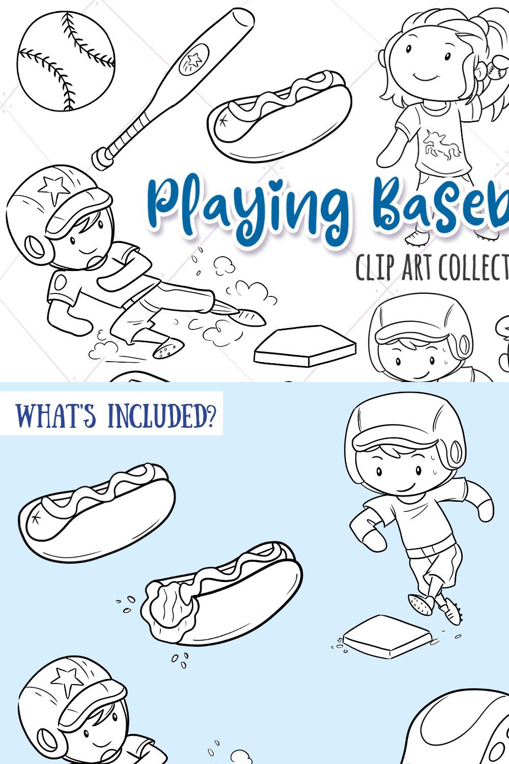 Kids Playing Baseball Digital Stamps pinterest preview image.