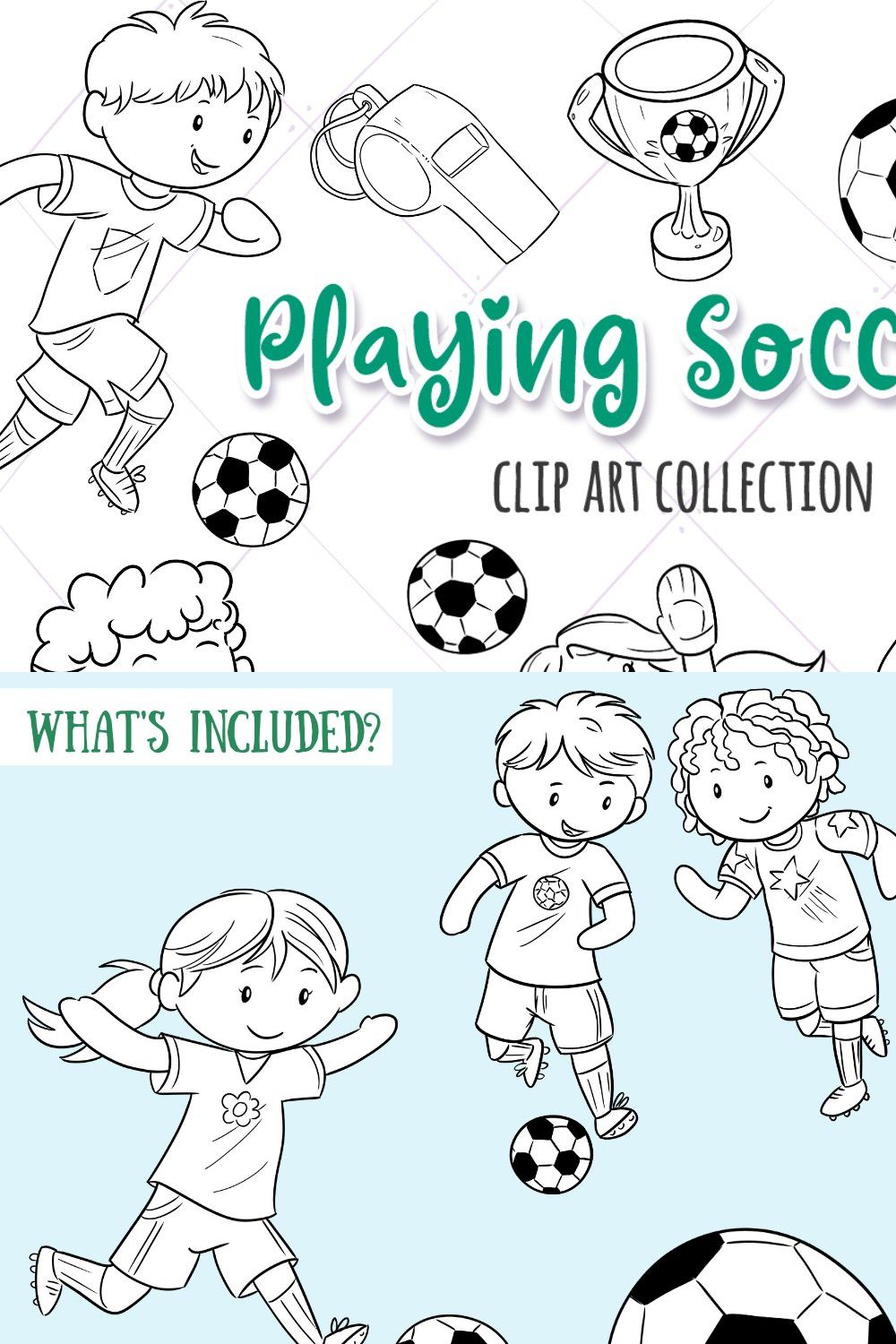 Kids Playing Soccer Black and White pinterest preview image.