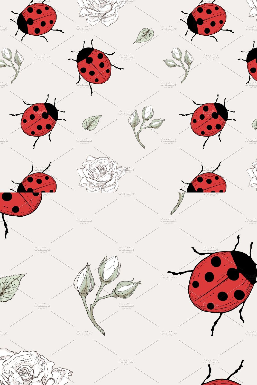 Ladybugs and Roses seamless pattern pinterest preview image.