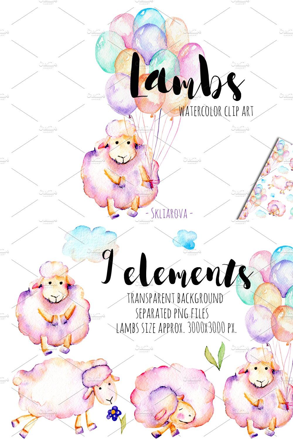 Lambs. Watercolor clipart pinterest preview image.