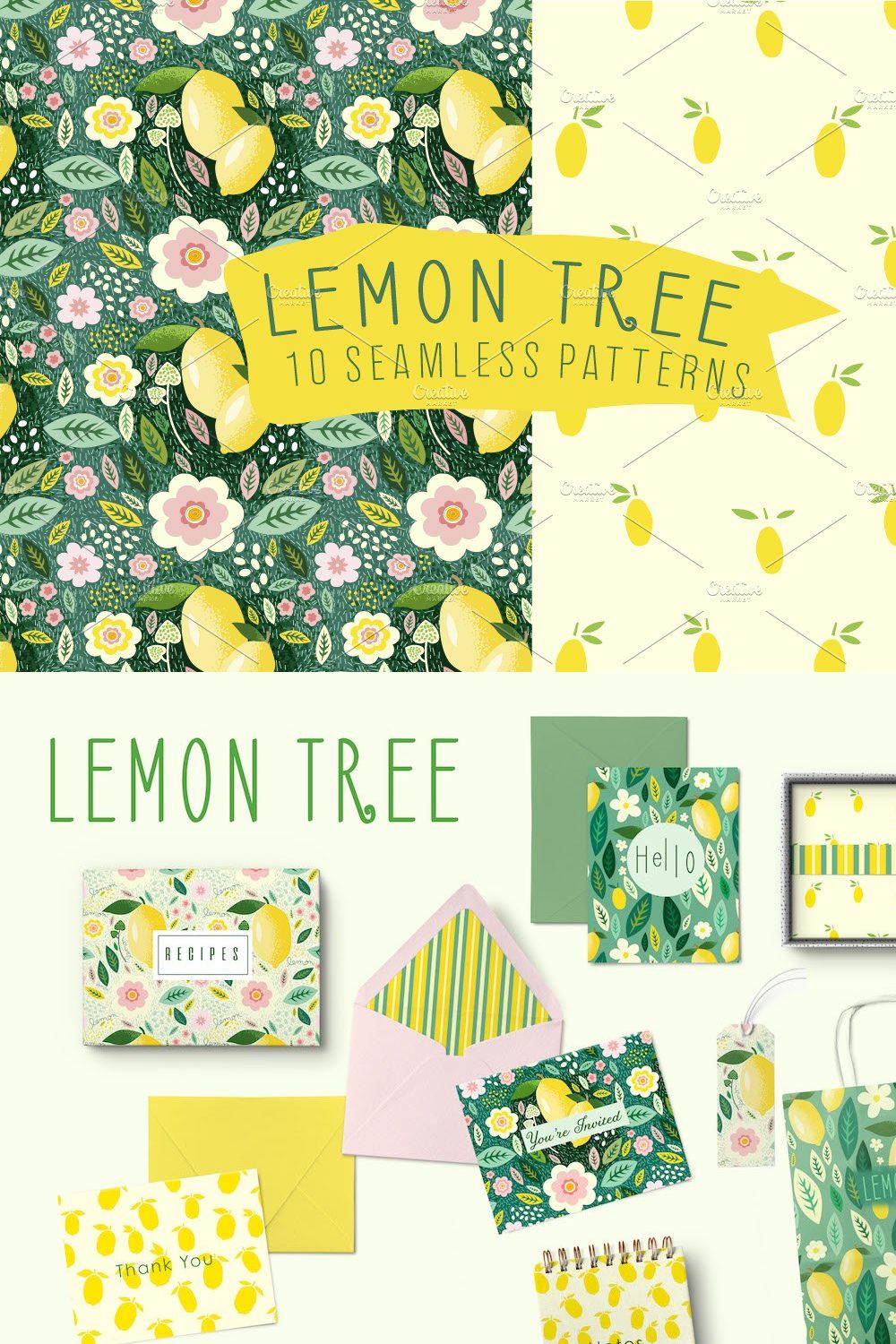 Lemon Floral Seamless Patterns pinterest preview image.
